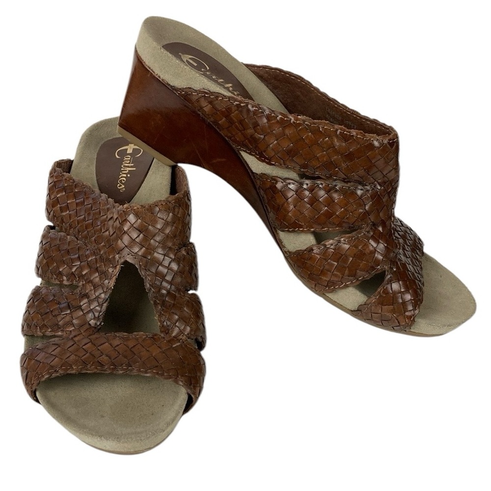 Earthies Brown Leather Woven Wedge Sandal